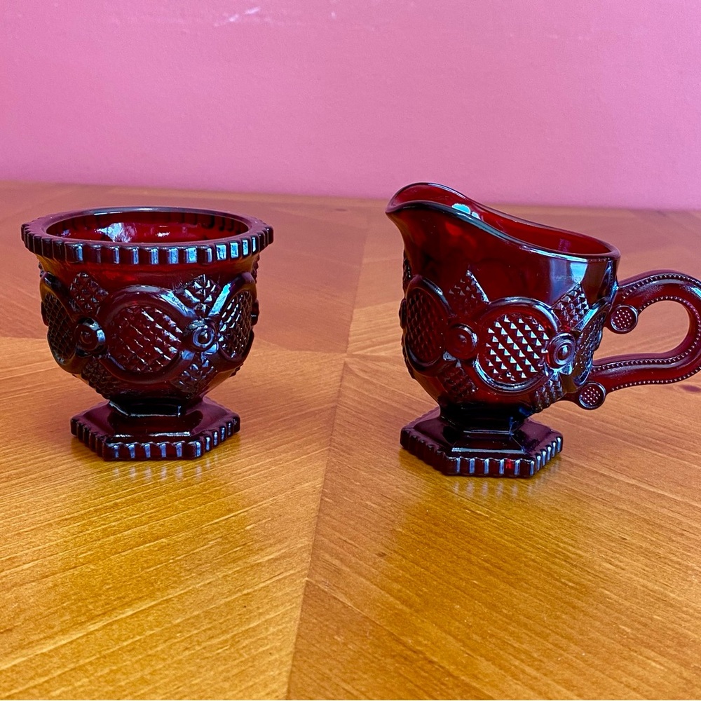 Avon Cape Cod Ruby Red Glass Creamer and Sugar Set